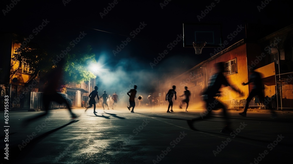 Streetball with people motion blur view long exposure 