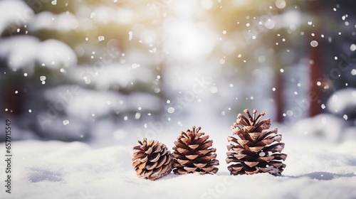 Blurred Christmas background with pine cone decorations and copy space. A beautiful background of blurry pine cones with lovely lighting photo