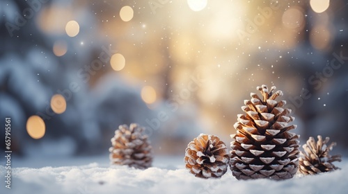 Blurred Christmas background with pine cone decorations and copy space. A beautiful background of blurry pine cones with lovely lighting