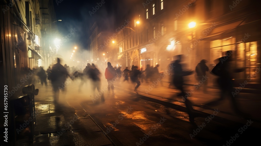 Street riots with people motion blur view long exposure, concept of Anarchy  - obrazy, fototapety, plakaty 