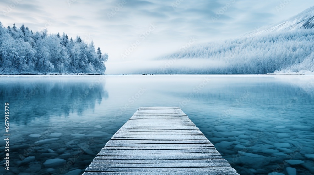 A serene winter landscape with snow-covered trees and reflections in the lake. A wooden path leads to the frozen lake in the snowy season.