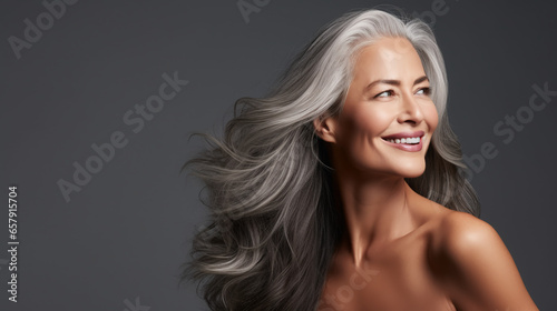 adult woman with smooth healthy skin with long gray hair, AI Generation