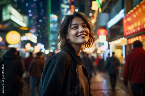 A young Asian woman in her mid - 20s, walking through the bustling streets of Hong Kong at night.