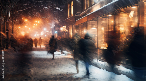 Snowfall on srteet with people motion blur view   photo