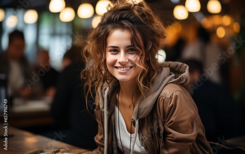 Beautiful young woman working on laptop, girl freelancer or student with computer in cafe at table, looking in camera