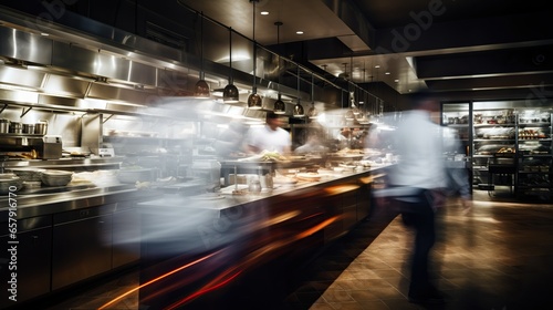 Restaurant kitchen with people motion blur view long exposure 