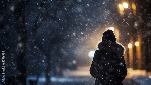 The silhouette of a woman walking alone in the midst of falling snow, walking away, exuding a romantic, lonely, and dramatic moment. Romantic photography.