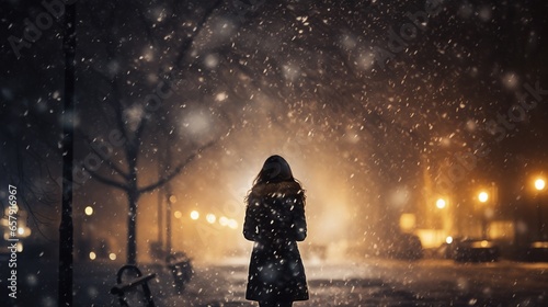 The silhouette of a woman walking alone in the midst of falling snow, walking away, exuding a romantic, lonely, and dramatic moment. Romantic photography. photo