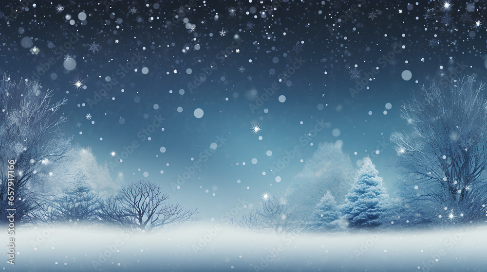 Snowy background with snowflakes and pine trees. Christmas decoration.
