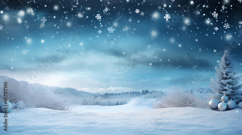 Snowy background with snowflakes and pine trees. Christmas decoration. 