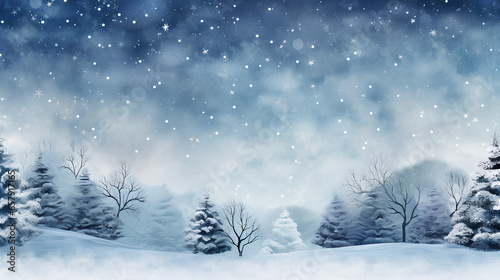 Snowy background with snowflakes and pine trees. Christmas decoration. 