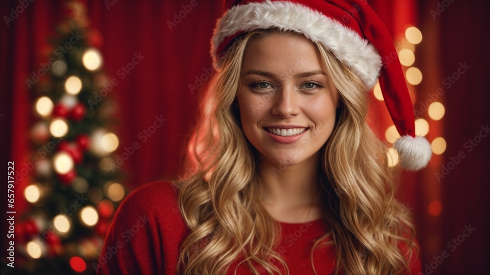 Hermosa mujer sonriente con un sombrero de Papá Noel sobre un fondo desenfocado de navidad, Generative AI