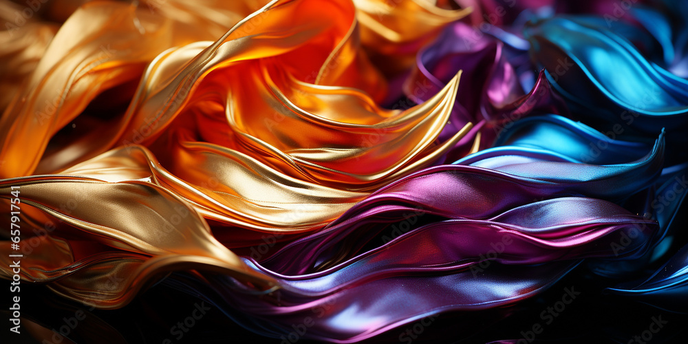 Fototapeta premium Bunte fantasievolle leuchtende wellige Metall Form als Hintergrund im Querformat für Banner, ai generativ