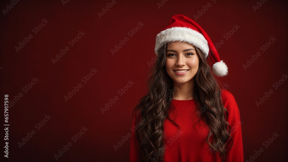 Beautiful smiling woman in a red sweater and a Santa Claus hat on a red background, Generative AI Beautiful smiling woman in a red sweater and a Santa Claus hat on a red background, Generative AI
