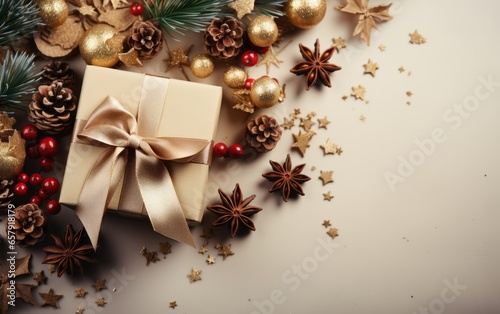 Composition of Christmas decorations on light golden background with beautiful golden gift box with red ribbon, fir branches, cones, stars, Christmas cookies, cinnamon