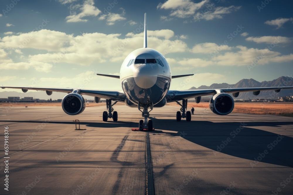 Naklejka premium Experience modern aviation at its finest. An airliner prepares for takeoff at a bustling airport, offering travelers a seamless journey to their international destinations as the sun sets.