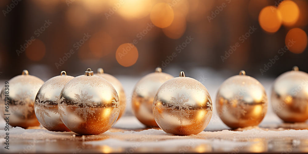 Fototapeta premium Christbaumkugeln in Gold mit schönen glanz und Ornamenten und Bokeh Querformat als Banner, ai generativ