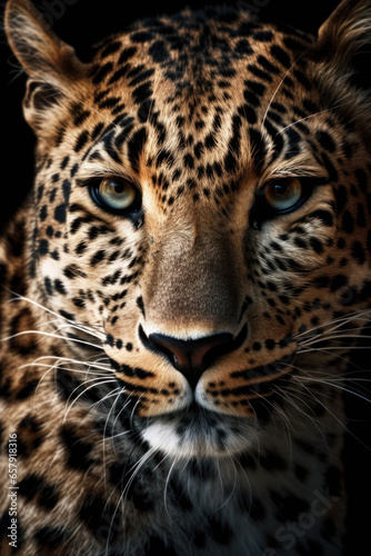 The intense gaze of a wild leopard, captured in a stunning close-up with mesmerizing blue eyes. AI Generative © sorapop
