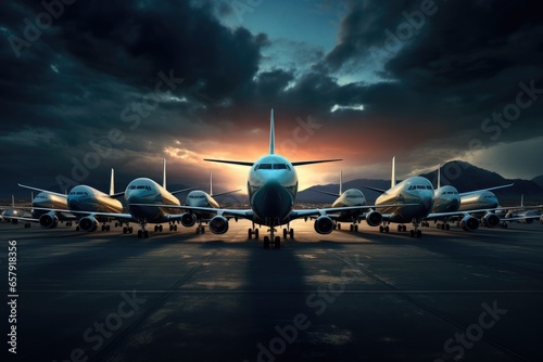 Experience modern aviation at its finest. An airliner prepares for takeoff at a bustling airport, offering travelers a seamless journey to their international destinations as the sun sets.
