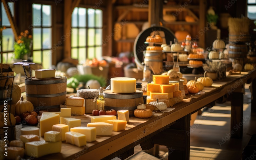 Fresh organic cheeses in a farm store. Generative AI Fresh organic cheeses in a farm store. Generative AI