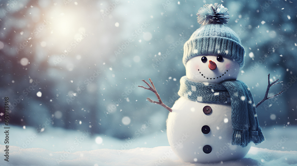 Snowy Christmas background with decorative and fun snowman. - obrazy, fototapety, plakaty 