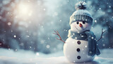 Snowy Christmas background with decorative and fun snowman.