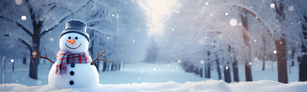 Snowy Christmas background with decorative and fun snowman.