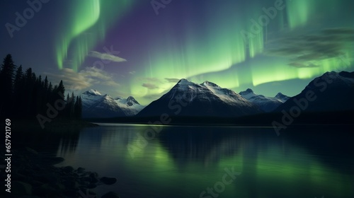 An aurora bore over a lake with mountains in the background