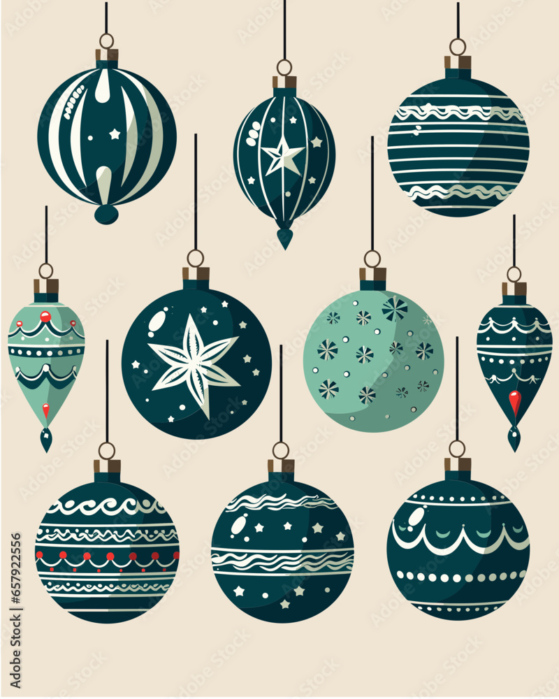 Set of elegant Christmas tree baubles, holiday decorations, ornaments Set of elegant Christmas tree baubles, holiday decorations, ornaments