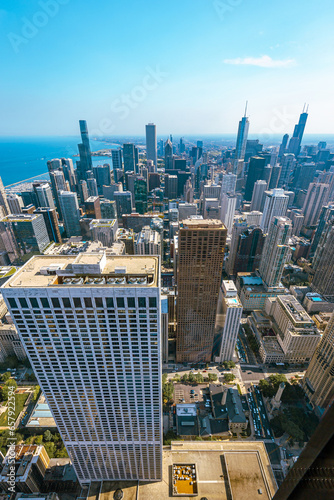 Chicago aerial photography view of buildings in a sunny day. Architectural view of the city  urban scene.