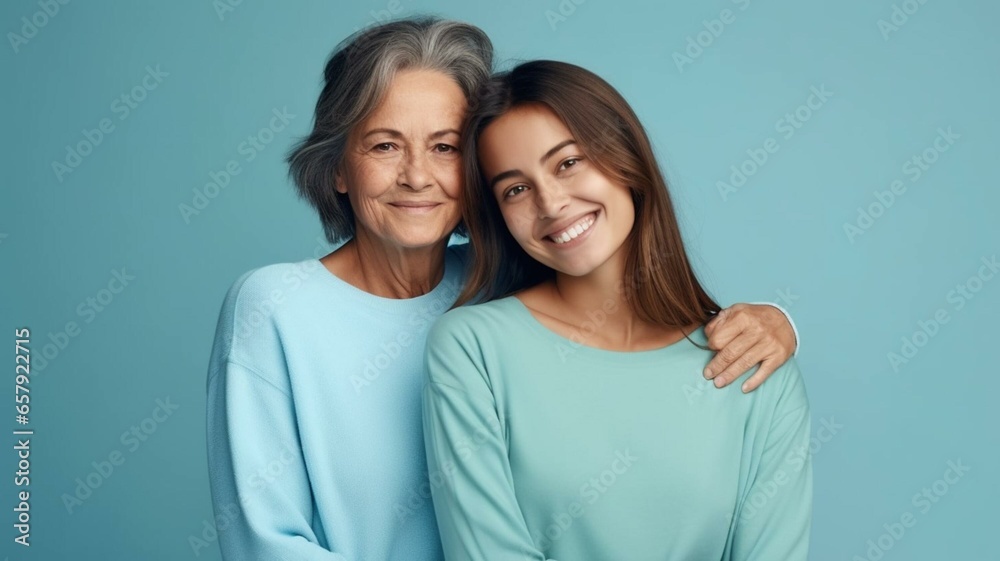 Mother and Daughter portrait on blue background Mother and Daughter portrait on blue background