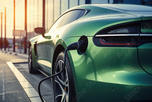 An electric sports car charging at a high-tech electric charging station. © Michael