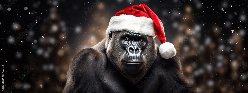A Merry Christmas from A Silverback Gorilla, Expressive Gorilla Great Ape in a Red Santa Hat. A Merry Christmas from A Silverback Gorilla, Expressive Gorilla Great Ape in a Red Santa Hat.