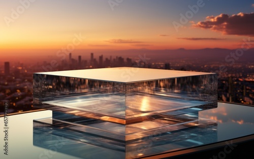 Platform for cosmetic products made of clear crystal glass, podium pedestal model with sunset panorama © Mike