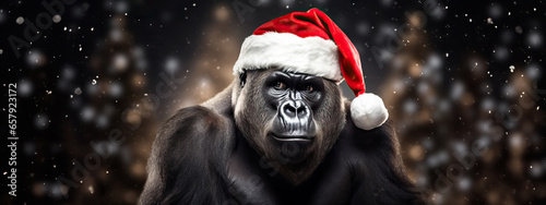 A Merry Christmas from A Silverback Gorilla,  Expressive Gorilla Great Ape in a Red Santa Hat.