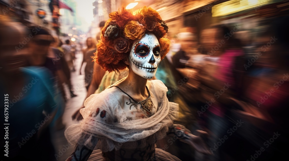 Day of the dead with people motion blur view, concept of Festive celebration 