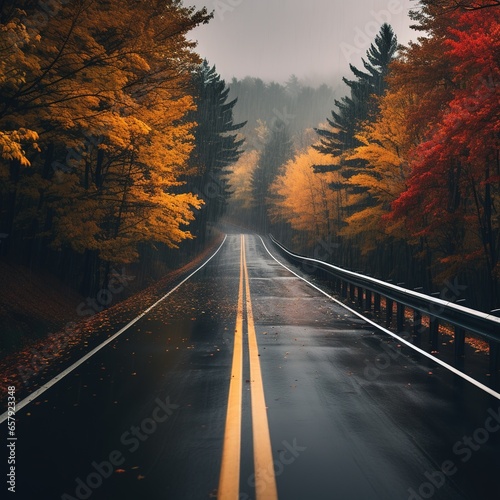 An empty and rainy road during autumn,wet asphalt. Open road in the forest. Long road in the autumn foliage season lined with trees with colorful leaves on both sides.Cloudy day mountainous landscape