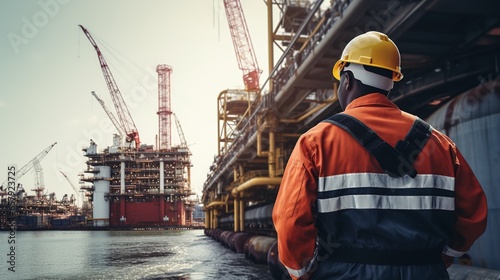 Energy Industry: Behind the scenes of an offshore oil rig worker is working, a worker walks to an oil and gas plant to work in the process area.