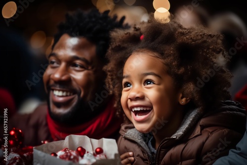 Ouverture des cadeaux de Noël en famille avec les parents et les enfants, grand sourire, moment de partage en famille