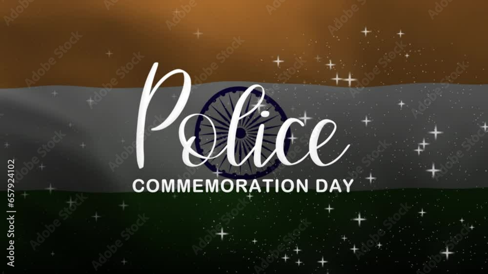 Police Commemoration Day Lettering Text Animation with waving flag background. Celebrate Indian National Day on 21th October. Great for celebrating Indian Day.