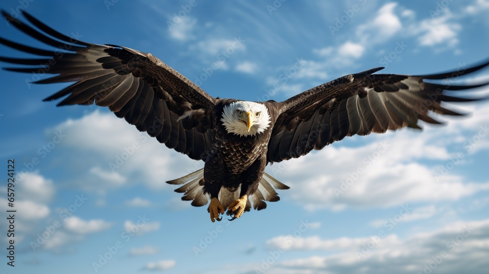 Fototapeta premium Close - up view of a patriotic eagle, its entire body flying in the sky.