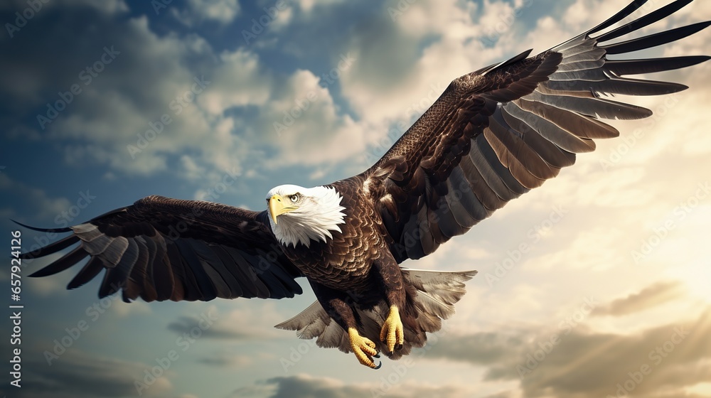 Close - up view of a patriotic eagle, its entire body flying in the sky.