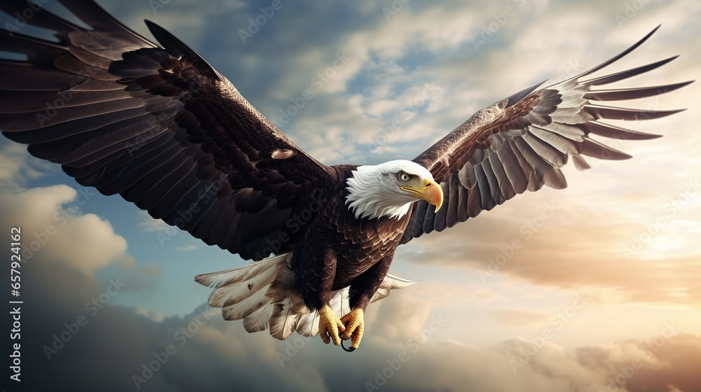 Obraz na płótnie Close - up view of a patriotic eagle, its entire body flying in the sky. w salonie