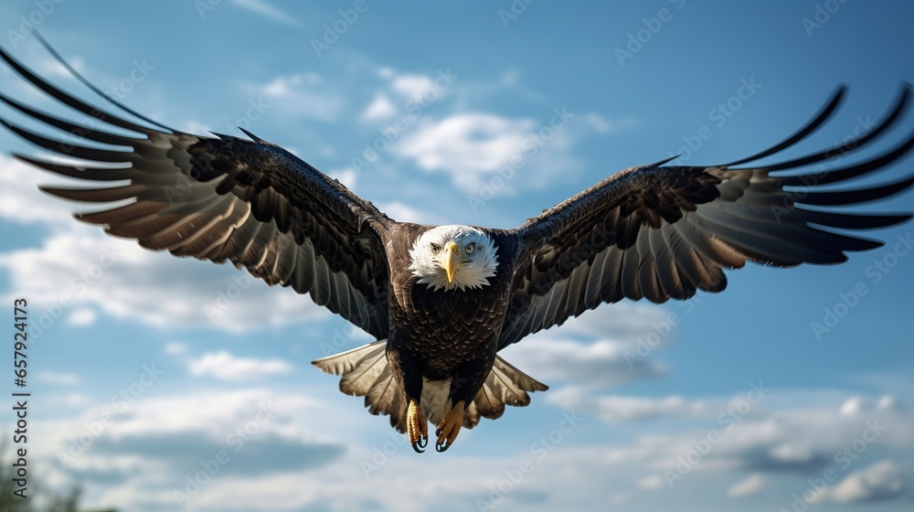 Fototapeta premium Close - up view of a patriotic eagle, its entire body flying in the sky.
