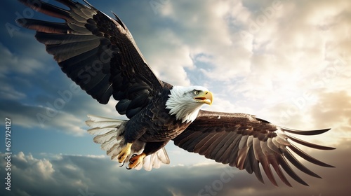 Close - up view of a patriotic eagle, its entire body flying in the sky. © Phoophinyo
