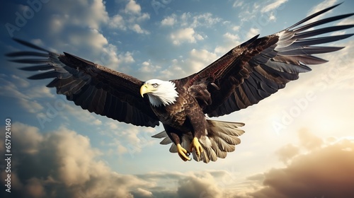 Close - up view of a patriotic eagle, its entire body flying in the sky.