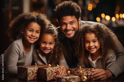 Ouverture des cadeaux de Noël en famille avec les parents et les enfants, grand sourire, moment de partage en famille photo