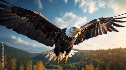 Close - up view of a patriotic eagle, its entire body flying in the sky.