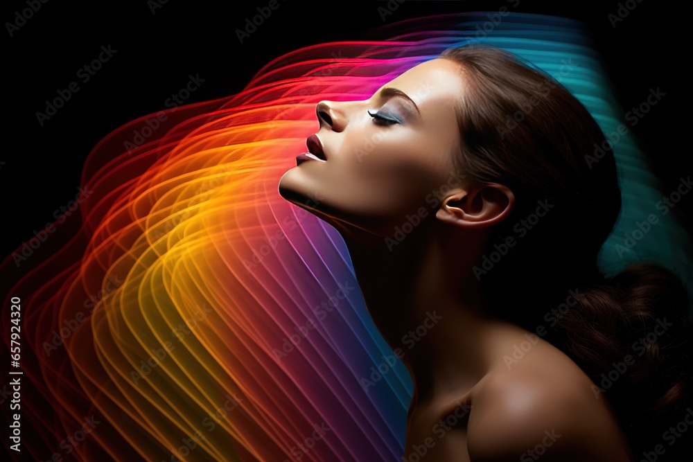 Naklejka premium beautiful young girl colorful multicolored rainbow hair copy space wallpaper