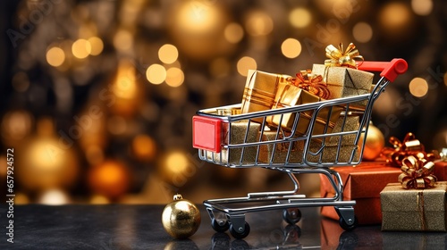 Christmas gifts: Cart with Christmas gifts on black marble table with blurred lights background, gift boxes, golden balls, pine cones, dry pine branches.